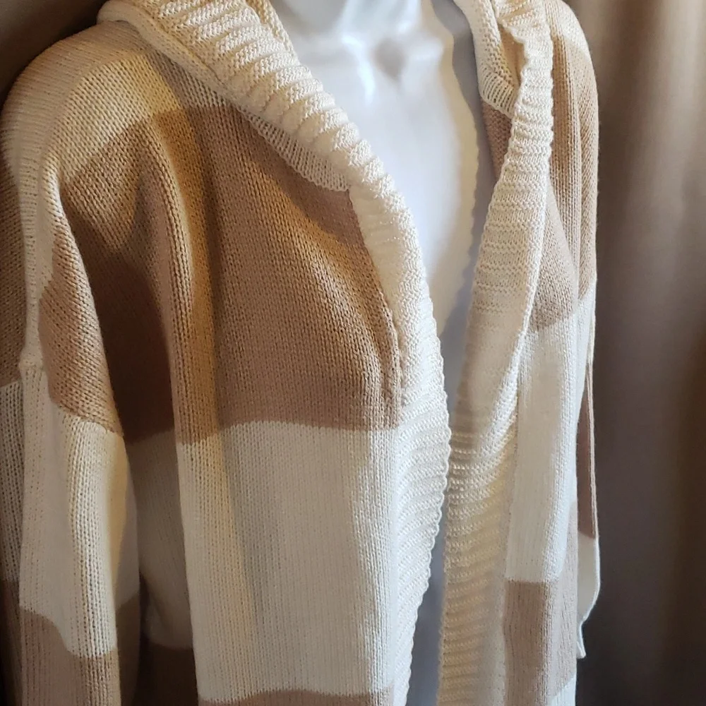 Cream Striped Hooded Cardigan Size Small NEW - Picture 5 of 10